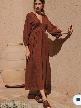 ROVE Alma Midi Dress Chocolate Brown Women's Medium Textured 100% Cotton